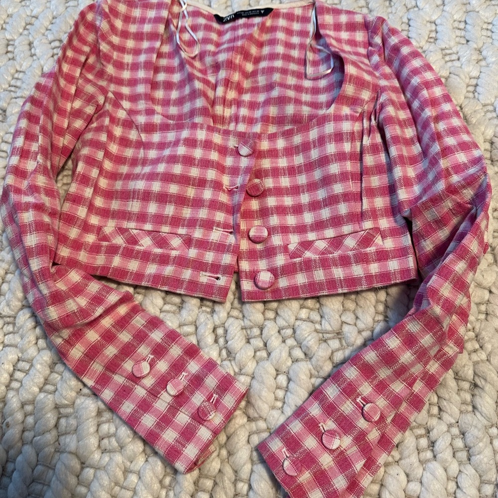 ZARA LONG SLEEVE PINK CROP TOP CHECKERED